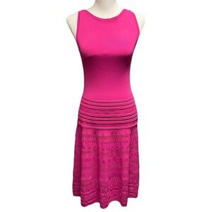 LAUREN RALPH LAUREN SP Fuchsia Stretch Pointelle Knit Fit &‎ Flare Midi Dress